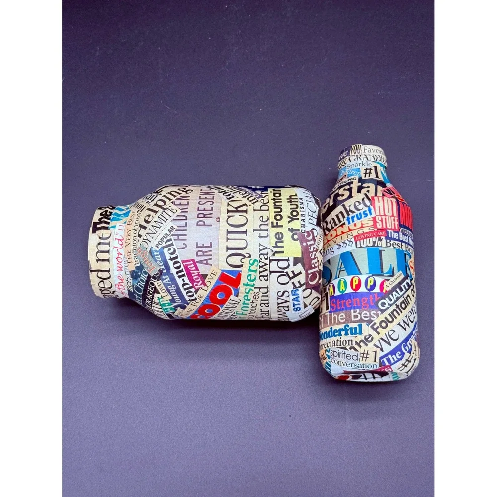 Vintage Decoupage Glass Bottle Set Ransom Note Typography Newspaper Collage 2pc